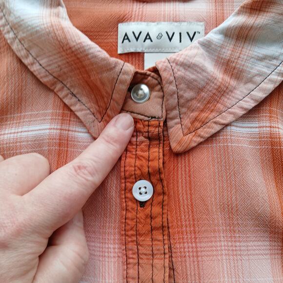 Ava & Viv Plaid Button Up Blouse 2X upcycle repaired orange long sleeve rayon - Picture 16 of 16